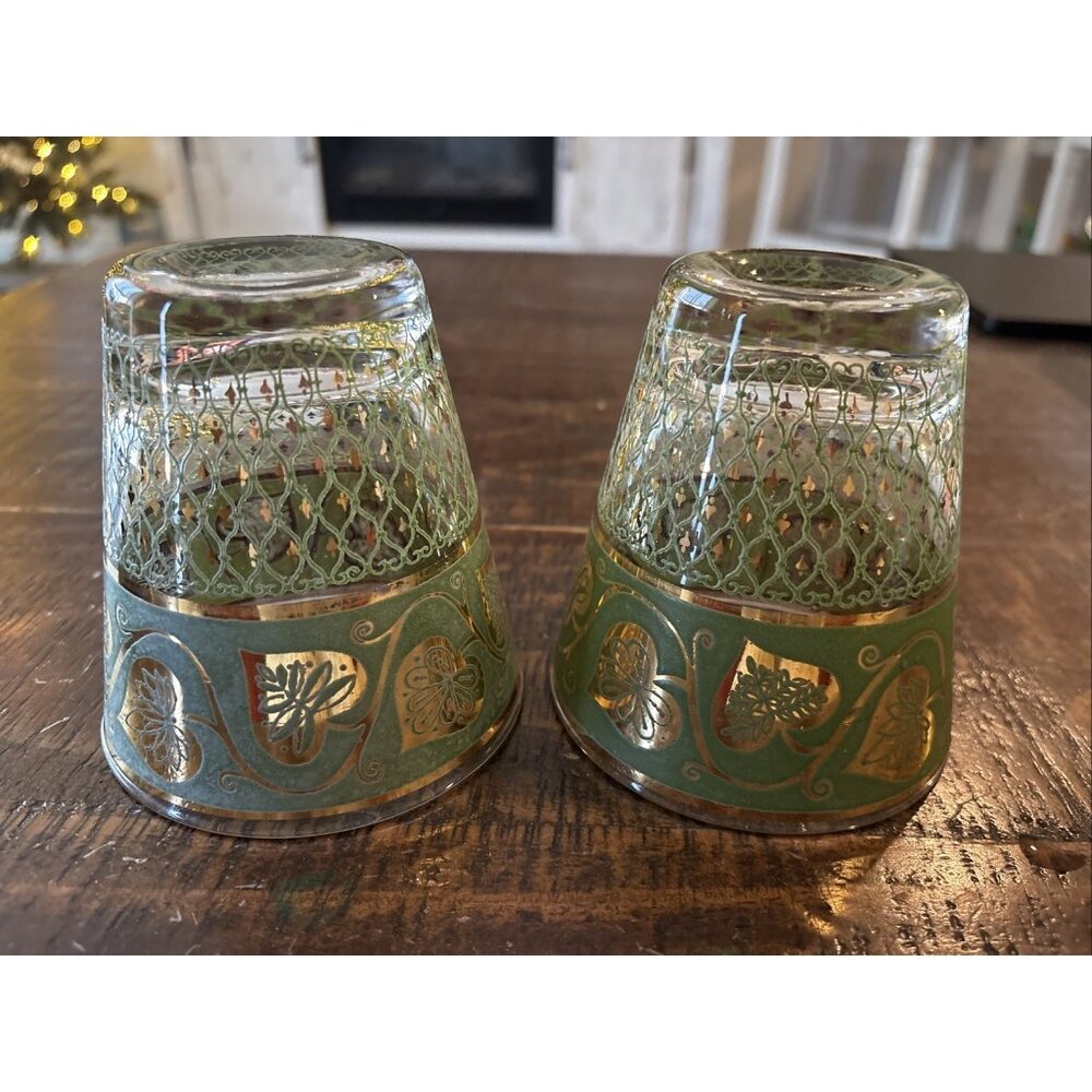 2 Vintage CULVER TOLEDO Tumbler Lowball Glasses Green Gold Scrolls Filigree 4” - Picture 3 of 4